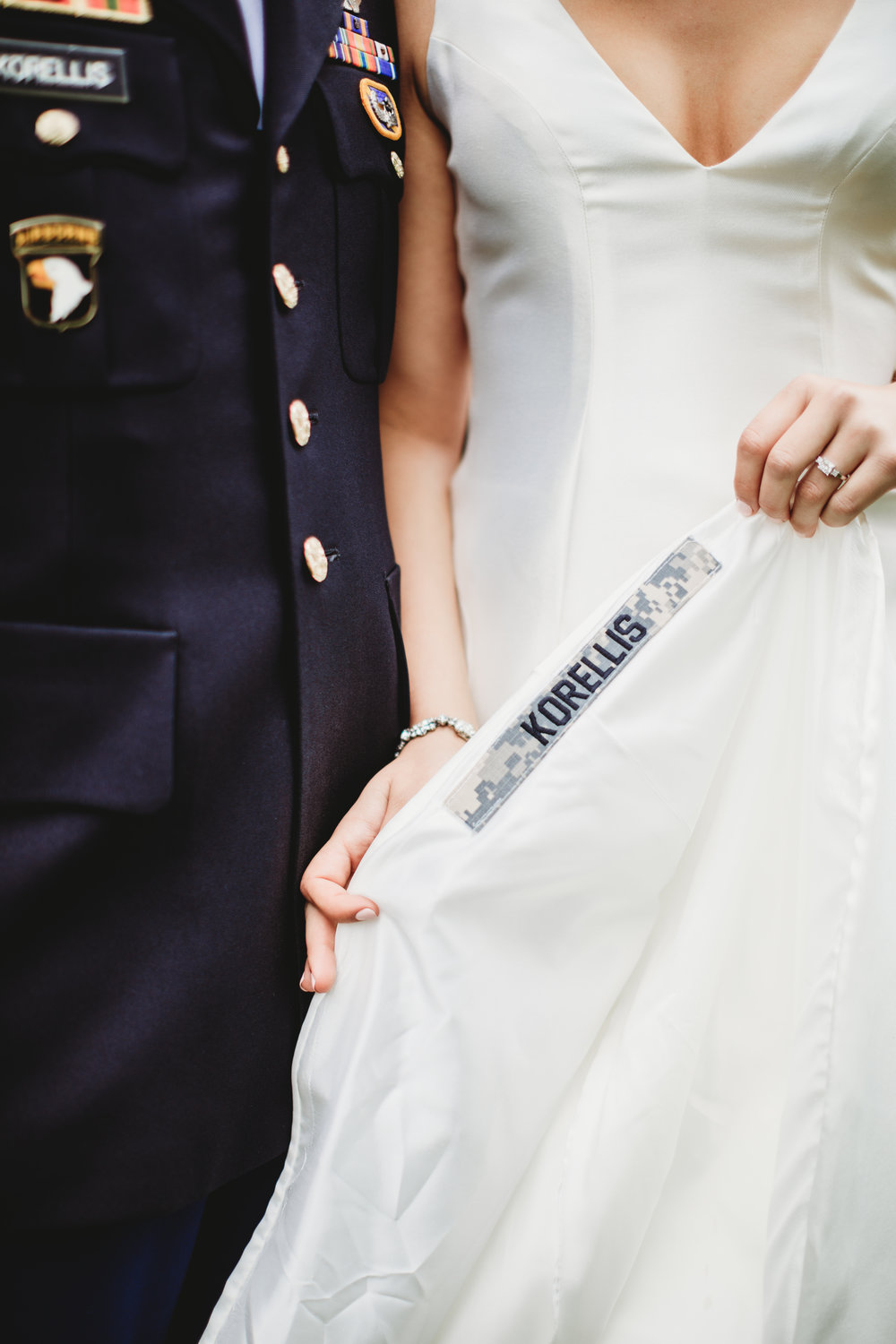 Military couple shows name under dress