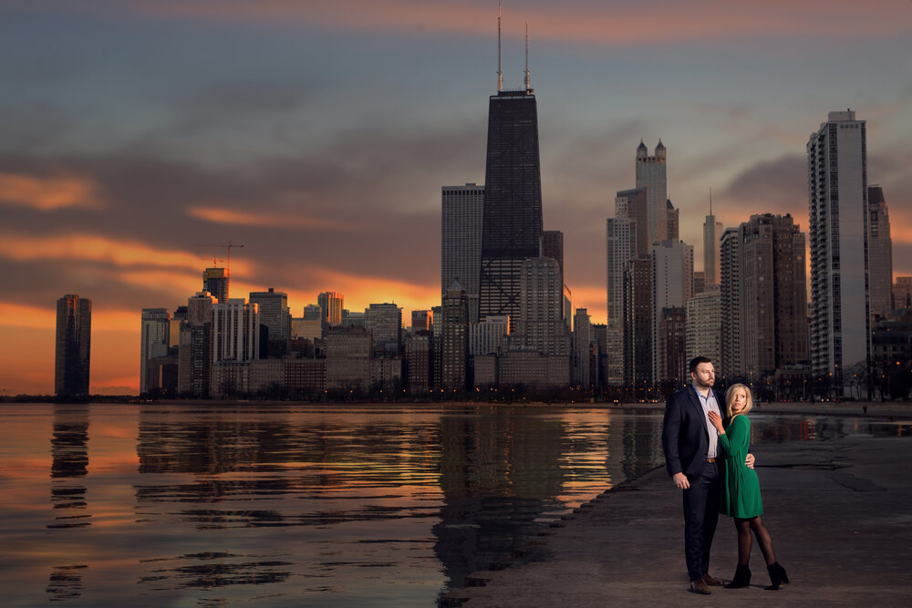 chicago sunset engagement photography on lake michigan with skyline